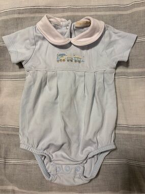 Baby Club Chic Light Blue Collared Bubble with Embroidered Train 0-3M